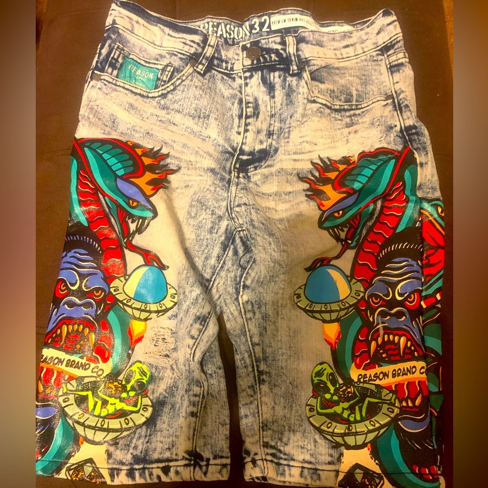 Reason denim graphic shorts
